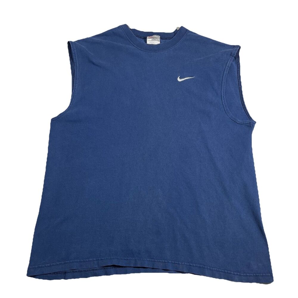 Vintage 90s Nike Swoosh Sleeveless T-Shirt Blue Made USA Size XL